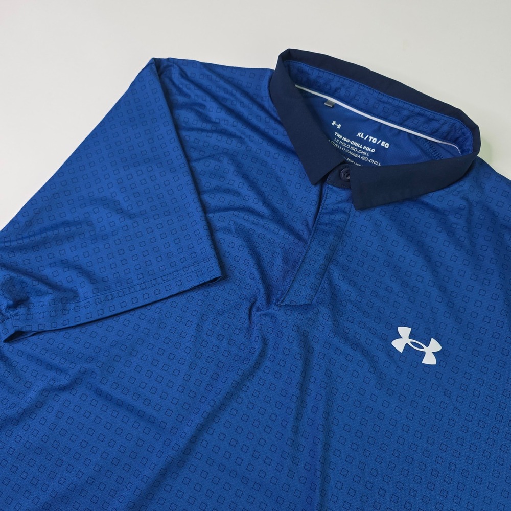 Under Armour Iso-Chill Polo Mens XL Blue Geometric HeatGear Golf Shirt Nylon